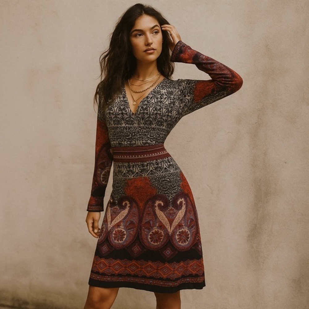 Palme Paisley Print Long Sleeve V Neck Dress